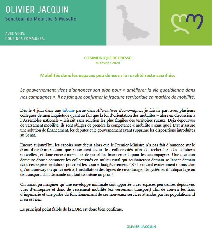communique de presse mobilités dans les espaces peu denses